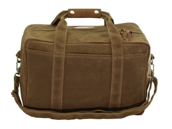 A sturdy brown canvas bag with leather accents