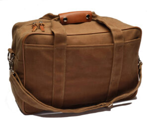 Brown canvas duffel bag with a leather handle