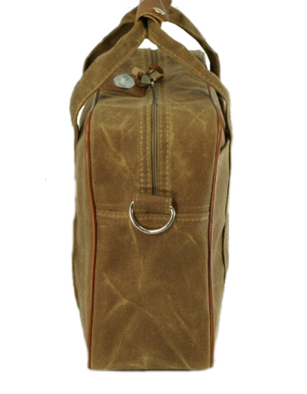 A rugged brown canvas bag with a zipper and leather accents
