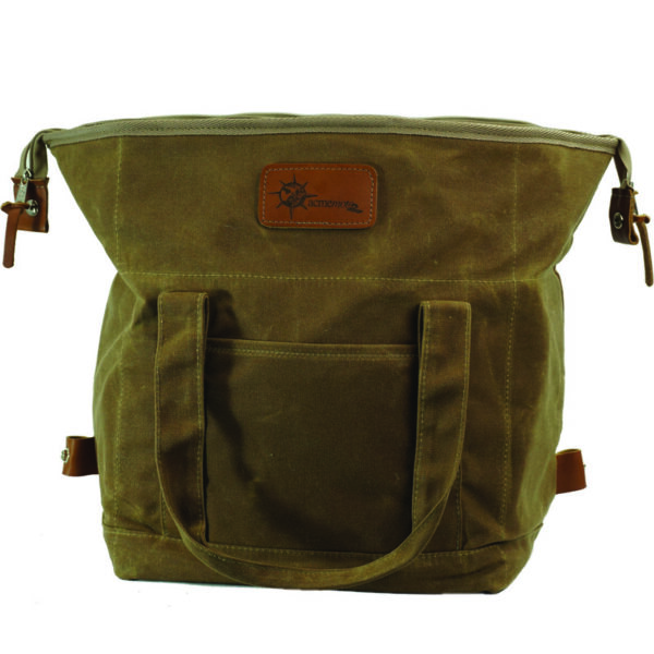 A stylish, olive green canvas tote bag with leather accents
