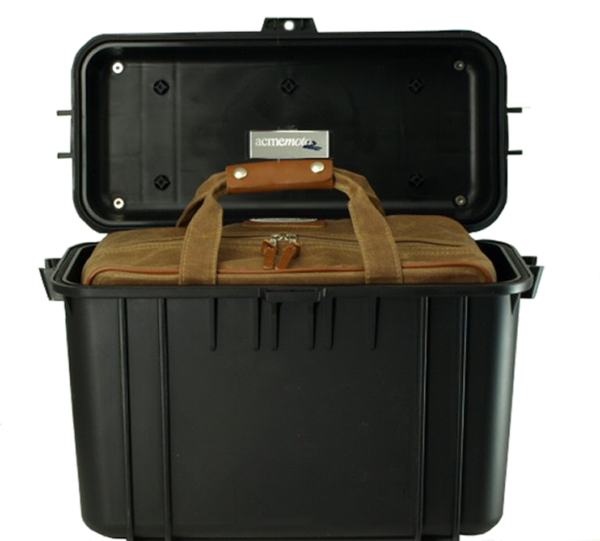 A black storage box with an open lid revealing a brown canvas bag