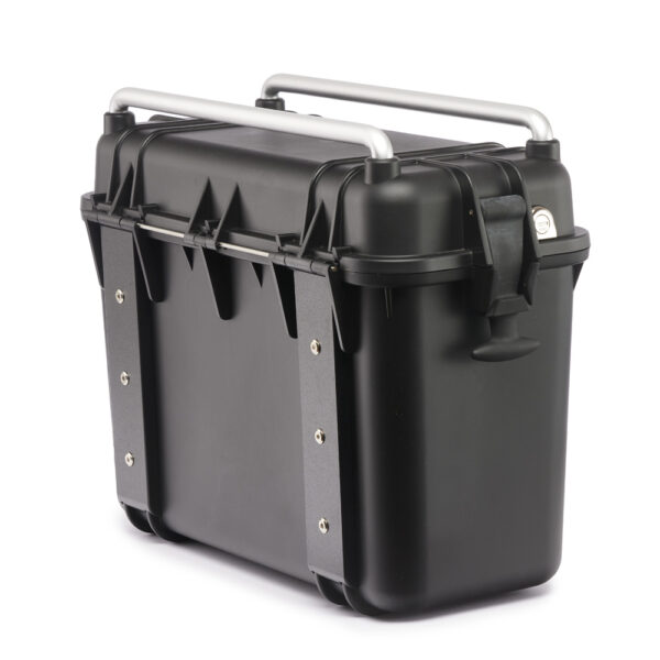 A sturdy black plastic storage case with silver handles and metal clasps
