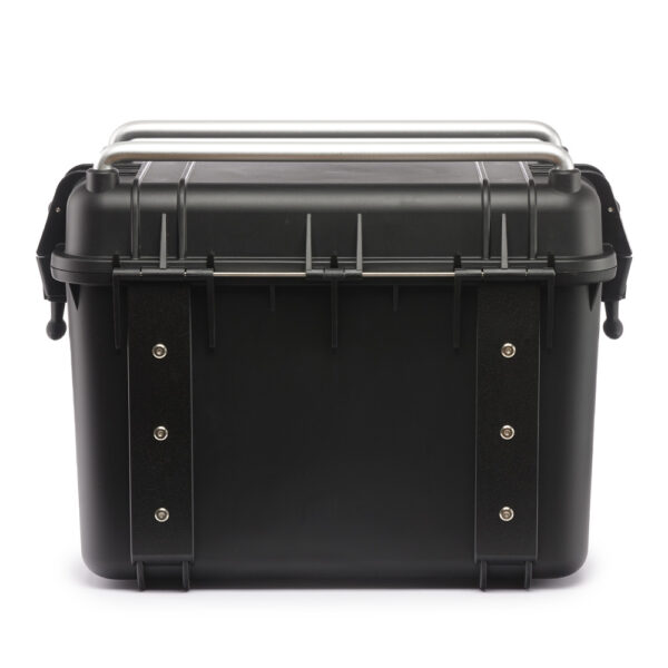 A sturdy black storage box with a metal handle and secure latches