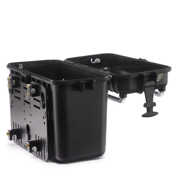 A black two-compartment storage bin with detachable lid