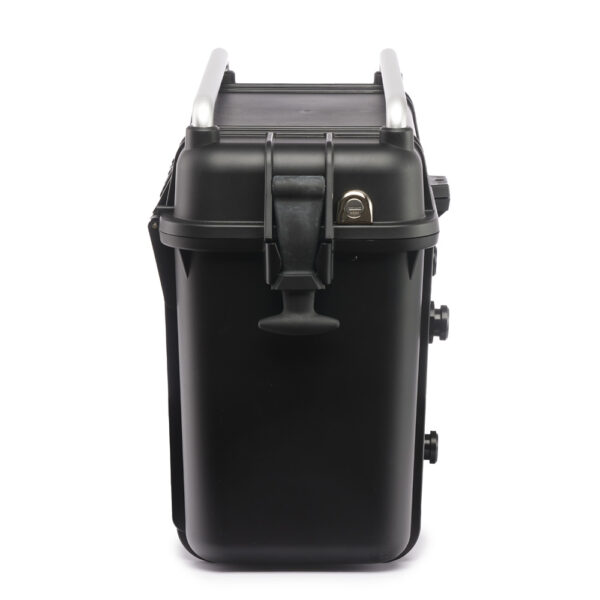 A sleek, black storage case features a sturdy handle
