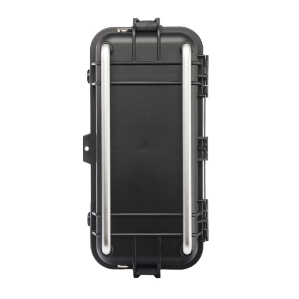 Black waterproof case with silver metal handles