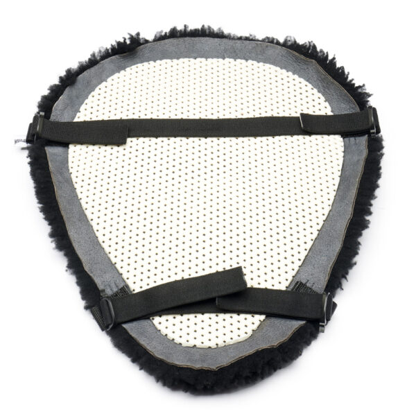A cushioned saddle pad with a perforated white center and black fleece edging