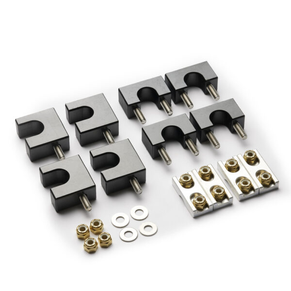 An assembly of black metal clamps arranged on a white background.