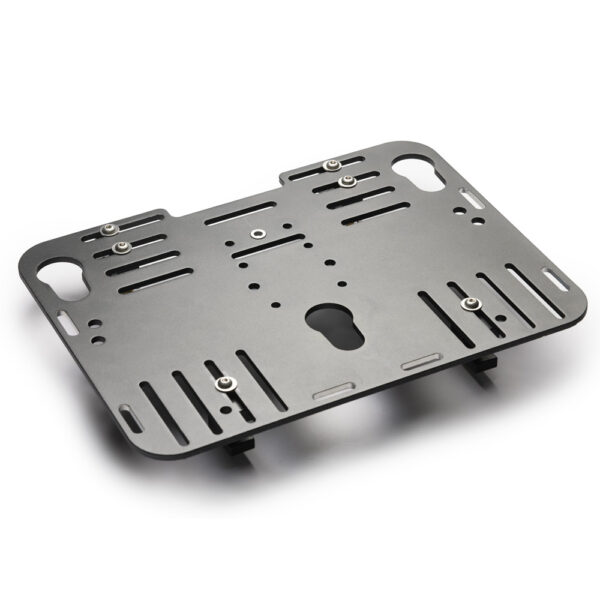 A sturdy black camera plate with multiple slots and holes