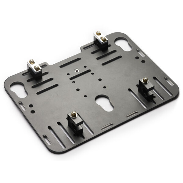 A flat, black metal mounting plate with multiple grooves